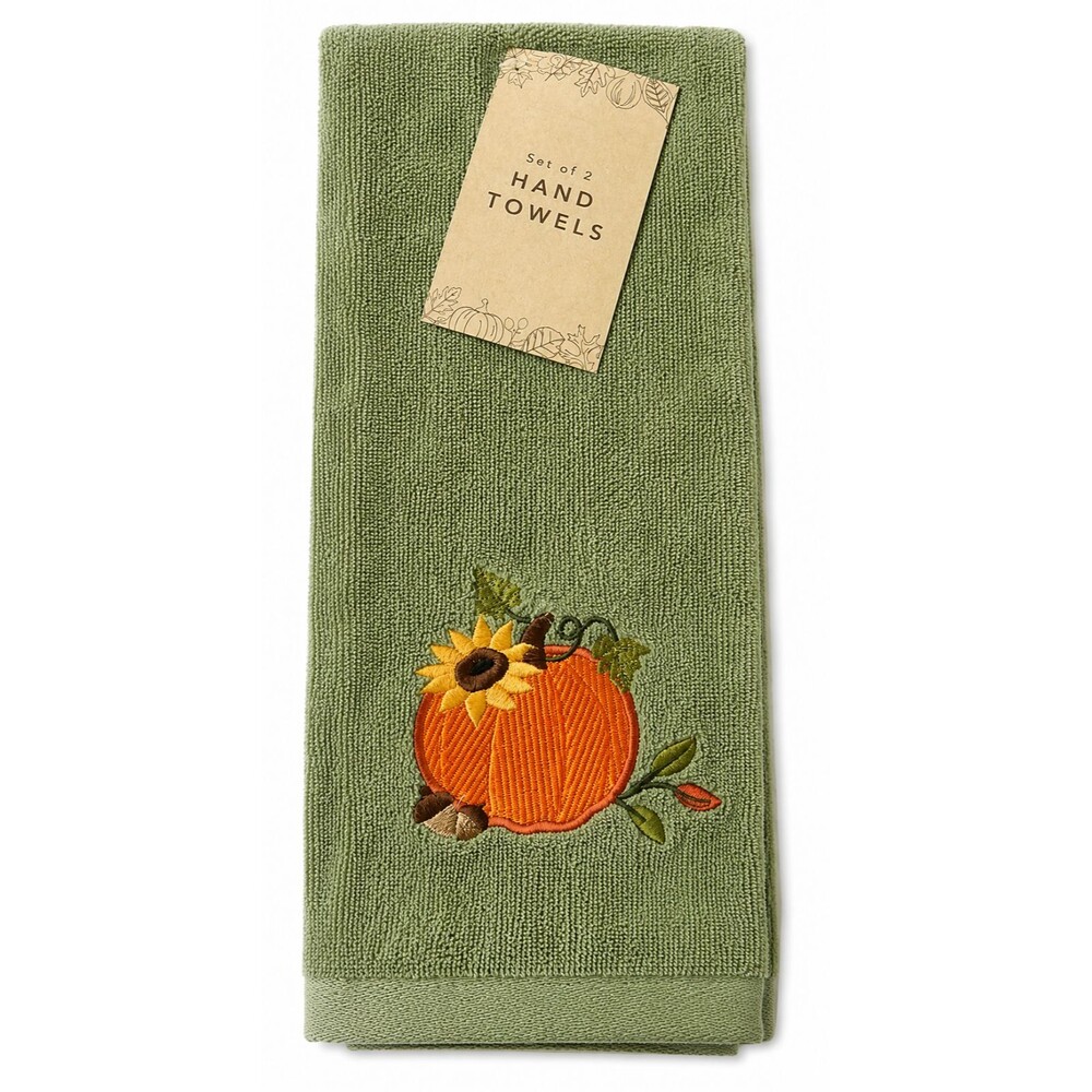 Thanksgiving Hand Towels Set of 2 Pumpkin Sunflower Embroidered Green Fall Bath